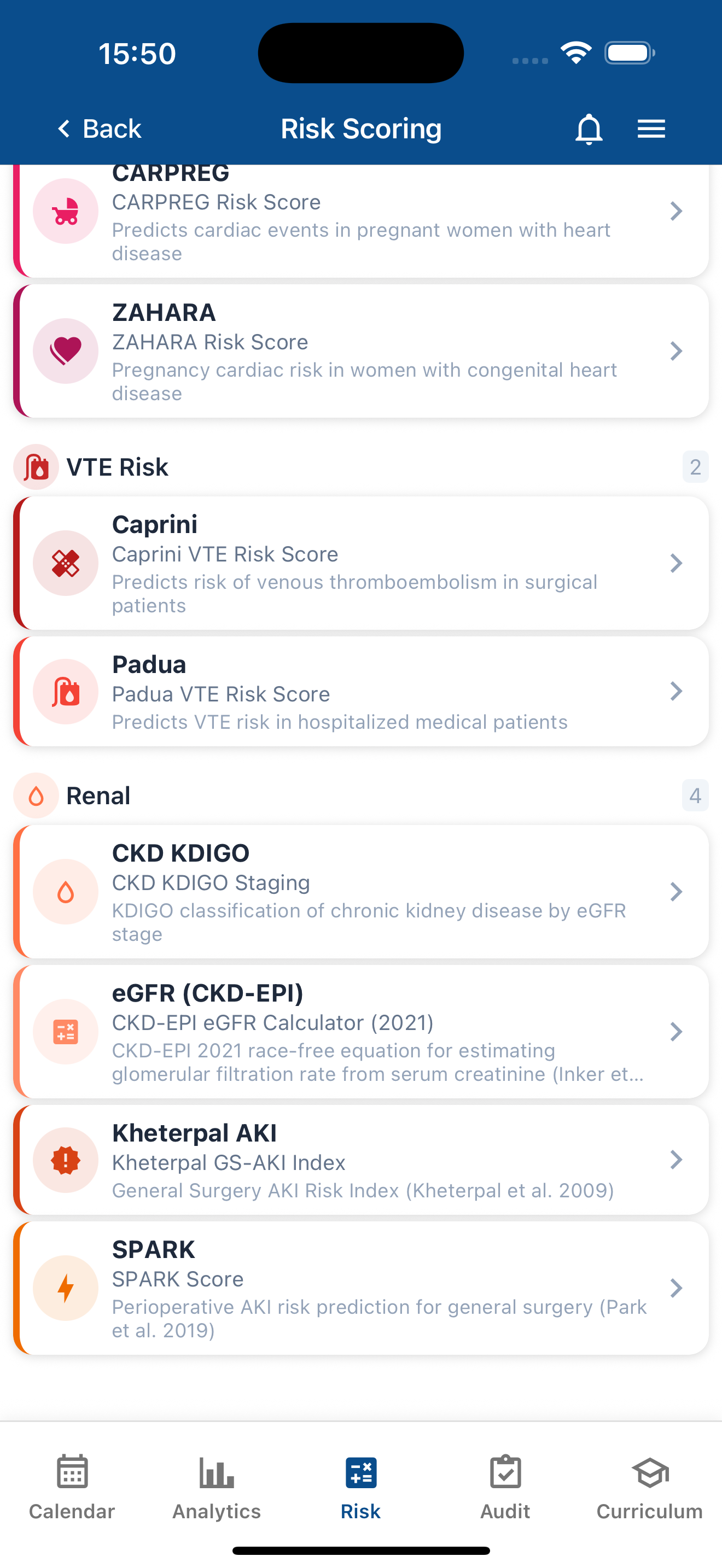 Obstetric and hepatic risk calculators